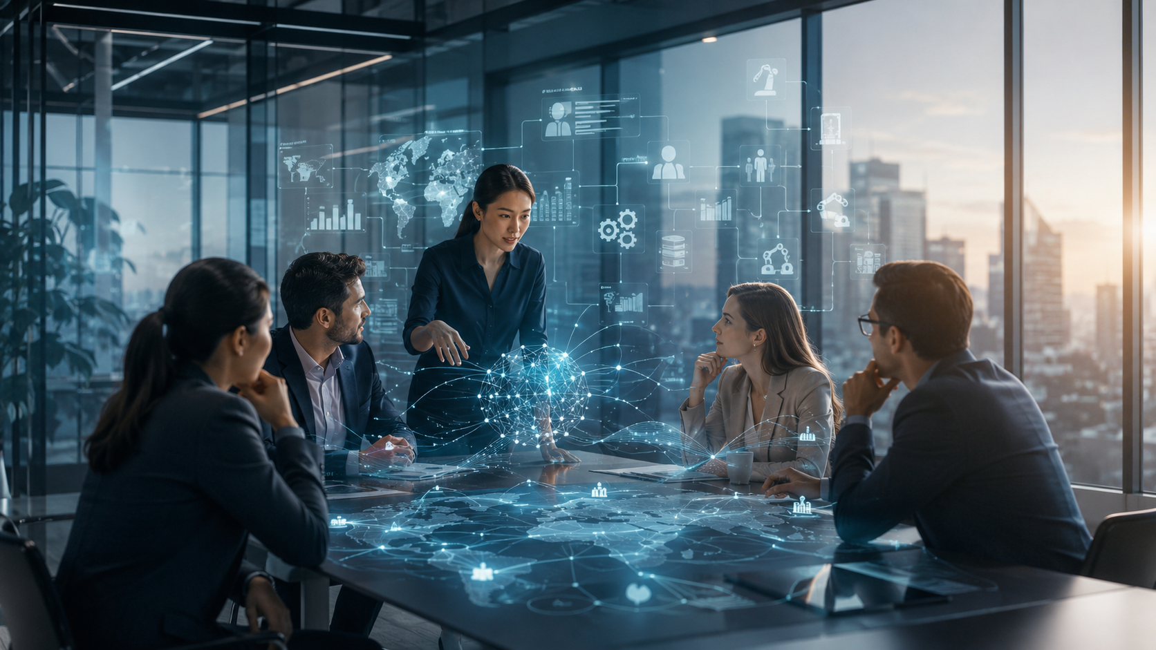 Executive team integrating Ai, people, data, and enterprise workflows during a business transformation strategy session