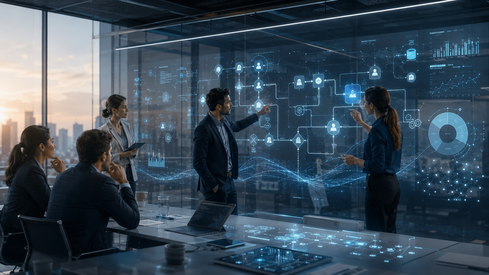 Business leaders mapping an Ai-enabled workflow with connected decisions, systems, data, and human responsibilities