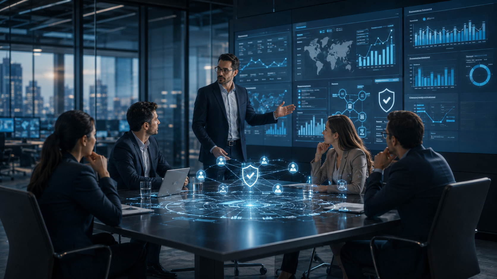 Executives reviewing Ai governance, risk controls, performance dashboards, and measurable business outcomes